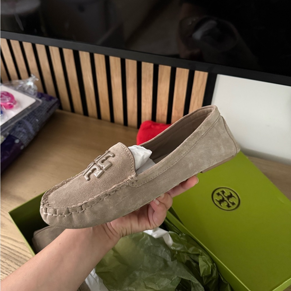 Tory Burch Kids Taupe Suede Logo Moccasins - Picture 4 of 4